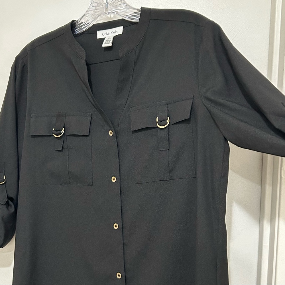 Calvin Klein Black Roll-Tab Sleeve Blouse  Gold Hardware Utility Top Women's - Picture 6 of 6